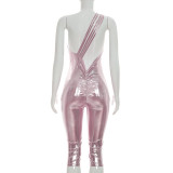 Women Shiny Slash Shoulder Sexy Low Back Tight Fitting Capri Jumpsuit