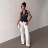 Women Chic Fitted Lace Turndown Collar Hollow Out Sleeveless Vest Shirt