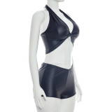 Women Crop Halter Neck Cami Top Tight Fitting Solid Color Shorts Two-Piece Set