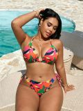 Plus Size Women Printed Halter Neck Tie Bikini Cover Up Three-Piece Swimsuit