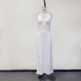 Women Sexy Low Cut V-Neck Halter Neck Hollow Out Knit Dress