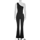 Summer Women Solid Color Slash Shoulder Hollow Out Open Waist Jumpsuit