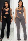 Summer Women Solid Color Slash Shoulder Hollow Out Open Waist Jumpsuit