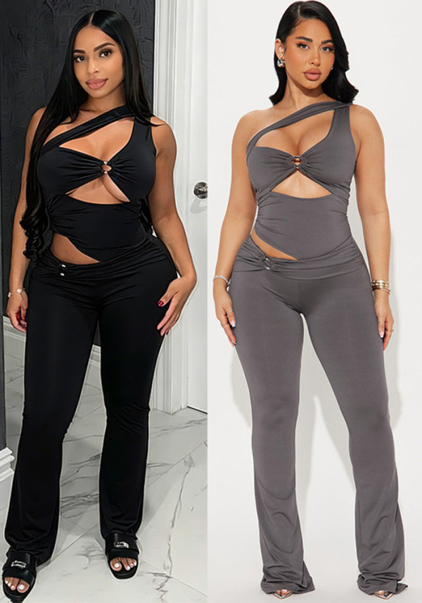 Summer Women Solid Color Slash Shoulder Hollow Out Open Waist Jumpsuit