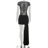 Spring Summer Women Sexy Lace Patchwork Ruched Skirt Set