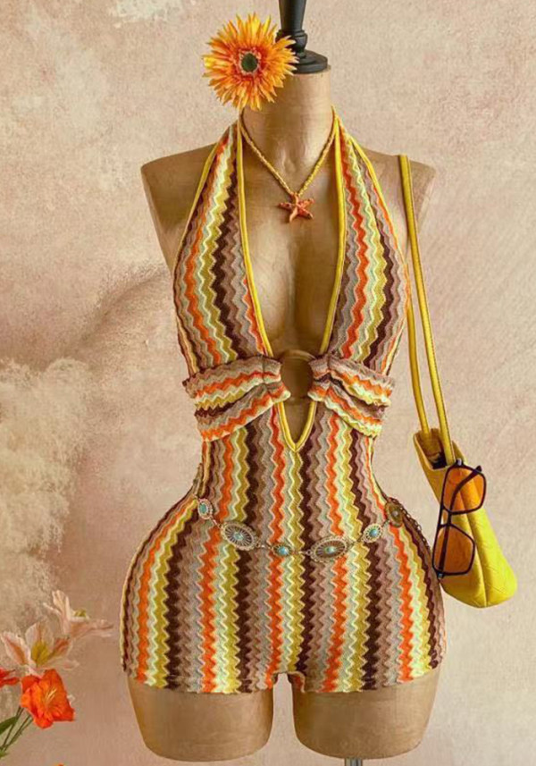 Women Stripe Halter Neck Deep V Hollow Out Knit Romper