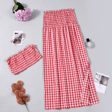 Women Sexy Wrap Strapless Top Plaid Long Skirt Two-Piece Set