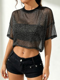 Women High Stretch Silver Cropped Round Neck Loose T-Shirt