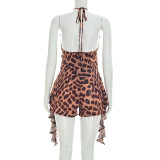 Summer Women Casual Sleeveless Halter Neck Top Printed Shorts Set