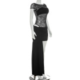 Spring Summer Women Sexy Lace Patchwork Ruched Skirt Set