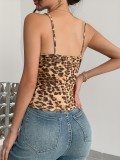 Women Sexy Leopard Print Lace Trim Strap See-Through Sleeveless Tank Top