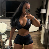 Women Crop Halter Neck Cami Top Tight Fitting Solid Color Shorts Two-Piece Set