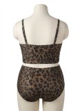 Plus Size Women Leopard Print Two-Piece High Waist Hollow Out Metal Ring Bikini Swimsuit