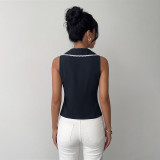Women Chic Fitted Lace Turndown Collar Hollow Out Sleeveless Vest Shirt