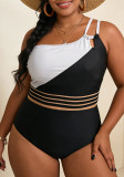 Plus Size Women Two-Piece Slash Shoulder Color Block Hollow Out Bikini Swimsuit