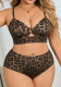 Plus Size Women Leopard Print Two-Piece High Waist Hollow Out Metal Ring Bikini Swimsuit