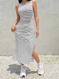 Women Striped Slit Dress Sexy Ribbed Knit Maxi Dress Holiday Style