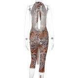 Summer Women Sexy Lace-Up Halter Neck Deep V Low Back Fitted Jumpsuit