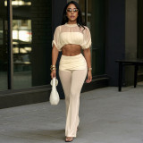 Women Solid Color Mesh Patchwork See-Through Crop Top Bell Bottom Pants Two-Piece Set