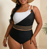 Plus Size Women Two-Piece Slash Shoulder Color Block Hollow Out Bikini Swimsuit