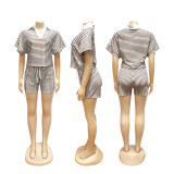 Women Summer Striped Polo Top and Shorts Two-Piece Set