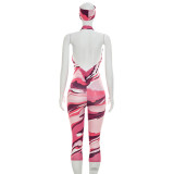 Women Deep V Printed Halter Neck Tight Fitting Capri Jumpsuit Two-Piece Set