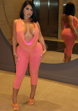 Women Fitted Cowl Neck Halter Neck Low Back Top Tight Fitting Capri Pants Two-Tone Set
