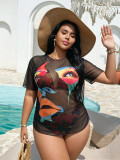 Plus Size Women Printed Halter Neck Tie Bikini Cover Up Three-Piece Swimsuit