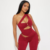 Summer Women Solid Color Slash Shoulder Hollow Out Open Waist Jumpsuit