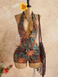 Women Stripe Halter Neck Deep V Hollow Out Knit Romper