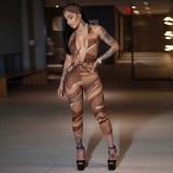 Women Deep V Printed Halter Neck Tight Fitting Capri Jumpsuit Two-Piece Set