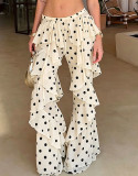Summer Women Polka Dot Printed Lace-Up Patchwork Ruffled Bell Bottom Pants