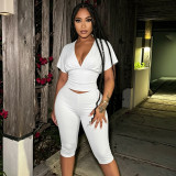 Women Solid Color V-Neck Ruffled Short Sleeve Top Tight Fitting Capri Pants Two-Piece Set