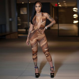 Women Deep V Printed Halter Neck Tight Fitting Capri Jumpsuit Two-Piece Set
