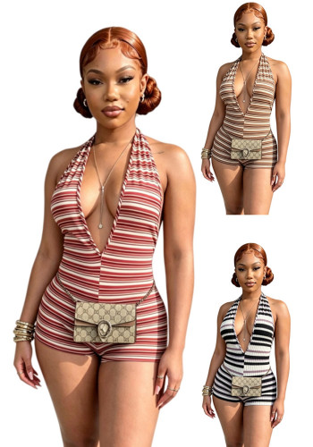 Women Halter Neck Striped V Neck Ribbed Romper