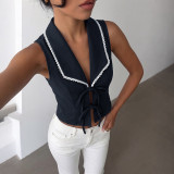 Women Chic Fitted Lace Turndown Collar Hollow Out Sleeveless Vest Shirt