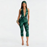 Women Deep V Printed Halter Neck Tight Fitting Capri Jumpsuit Two-Piece Set