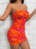 Women Sleeveless Strapless Floral Ruffled Tight Fitting Mini Bodycon Dress