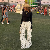 Summer Women Polka Dot Printed Lace-Up Patchwork Ruffled Bell Bottom Pants