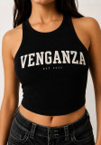 Women Casual Black and White Letter Print Ribbed Top