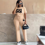 Summer Women Short Sleeve Round Neck Letter Embroidered Color Block Casual Tracksuit Two-Piece Set