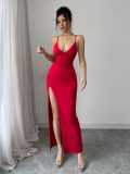 Spring Women Sexy V-Neck Strap Slit Dress Elegant High Waist Long Dress