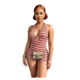 Women Halter Neck Striped V Neck Ribbed Romper