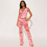 Summer Women Sexy Metallic Halter Neck Pink Printed Low Back Jumpsuit