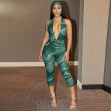 Women Deep V Printed Halter Neck Tight Fitting Capri Jumpsuit Two-Piece Set