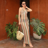 Women Color Block Patchwork Sexy Hollow Out Stretch Fitted Halter Neck Bodycon Dress