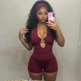 Women Solid Color Halter Neck Tie Cami Top Tight Fitting Shorts Two-Piece Set