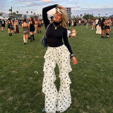 Summer Women Polka Dot Printed Lace-Up Patchwork Ruffled Bell Bottom Pants