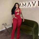 Summer Women Solid Color Slash Shoulder Hollow Out Open Waist Jumpsuit