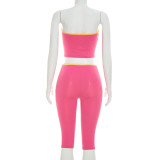 Women Sleeveless Sexy Crop Strapless Top Tight Fitting Capri Pants Color Block Set